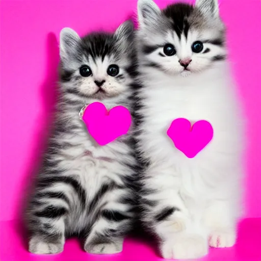 Image similar to hyper realistic photograph of the cutest fluffiest kittens rolling around playfully with cute pink hearts in the background