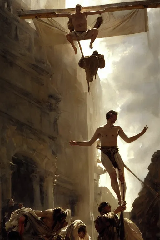 Image similar to beautiful oil painting portrait of ancient roman god emperor steve buscemi hovering in the air wearing the civic crown levitating and ascending in stations of the cross pose, art by anders zorn, wonderful masterpiece by greg rutkowski, expressive brush strokes, beautiful cinematic light, american romanticism by greg manchess, jessica rossier