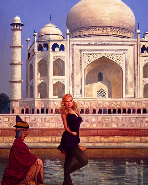 Prompt: tuesday weld visits the taj mahal by charlie bowater, by francine van hove, by alex horley, by tom chambers, by slim aarons