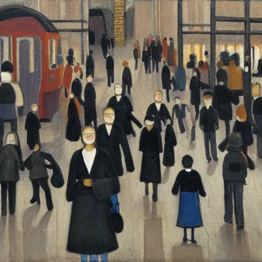 Prompt: painting of swedish commuters heading to the central business district of stockholm, painted by laurence stephen lowry, oil on canvas, national gallery