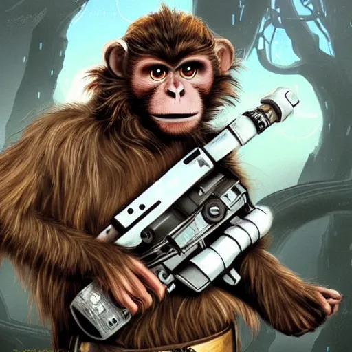 Prompt: monkey dressed like han solo holding his blaster scowling ready for a fight, fantasy concept art trending on art station