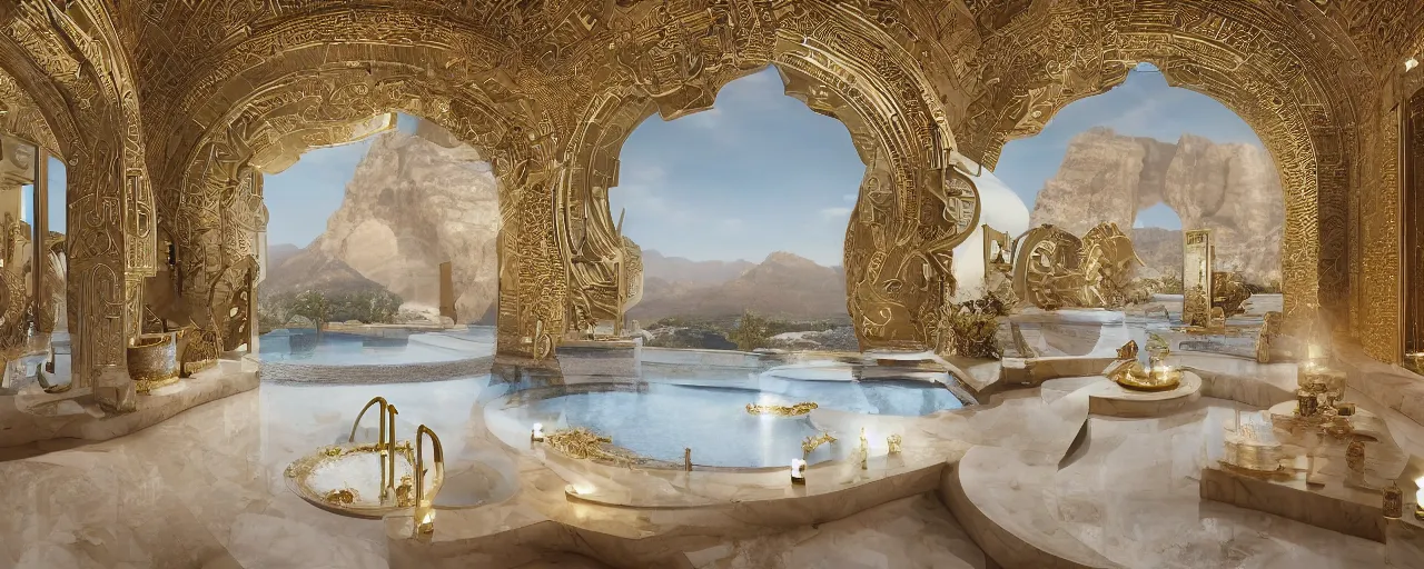 Image similar to photo of a cinematic interior of a double height hyper luxury spa with everything made of gold, candles, beige stone marble floor, wellness relaxation pool, intricate hieroglyph detailed roof, contemporary design, sacred geometry, 8 k, hyperrealistic, photorealism, windows with view to wadi al disah mountains