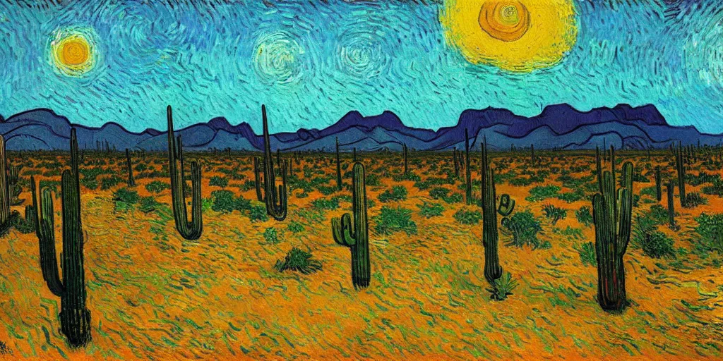 Prompt: Arizona desert, the passage of time, Oil Paint, Overdimensional, sunrise, by Vincent Van Gogh