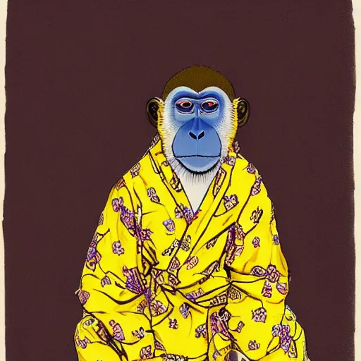 Image similar to a monkey in a yellow kimono, pink background