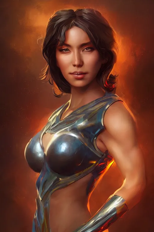 Image similar to three quarters portrait pose of a beautiful woman, strong body,super heroine costume,super powers, fantasy, intricate, elegant, highly detailed, digital painting, artstation, concept art,shining, sharp focus, illustration, art by Stanley Lau