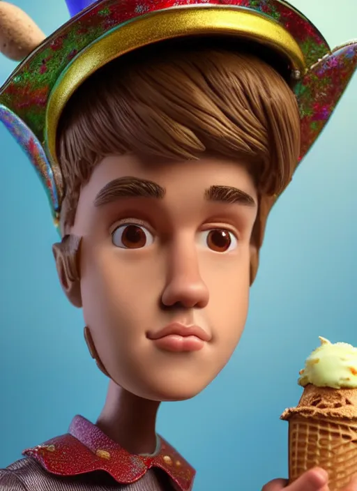 Prompt: highly detailed closeup, face profile portrait of justin bieber as a tin toy fairy - tale wizard wearing a sombrero eating ice cream, unreal engine, nicoletta ceccoli, mark ryden, earl norem, lostfish, global illumination, detailed and intricate environment