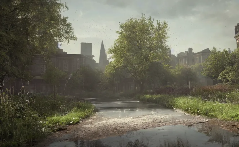 Image similar to london reclaimed by nature, a photorealistic painting by gregory crewdson, cgsociety, playstation 5 screenshot, matte painting, cryengine