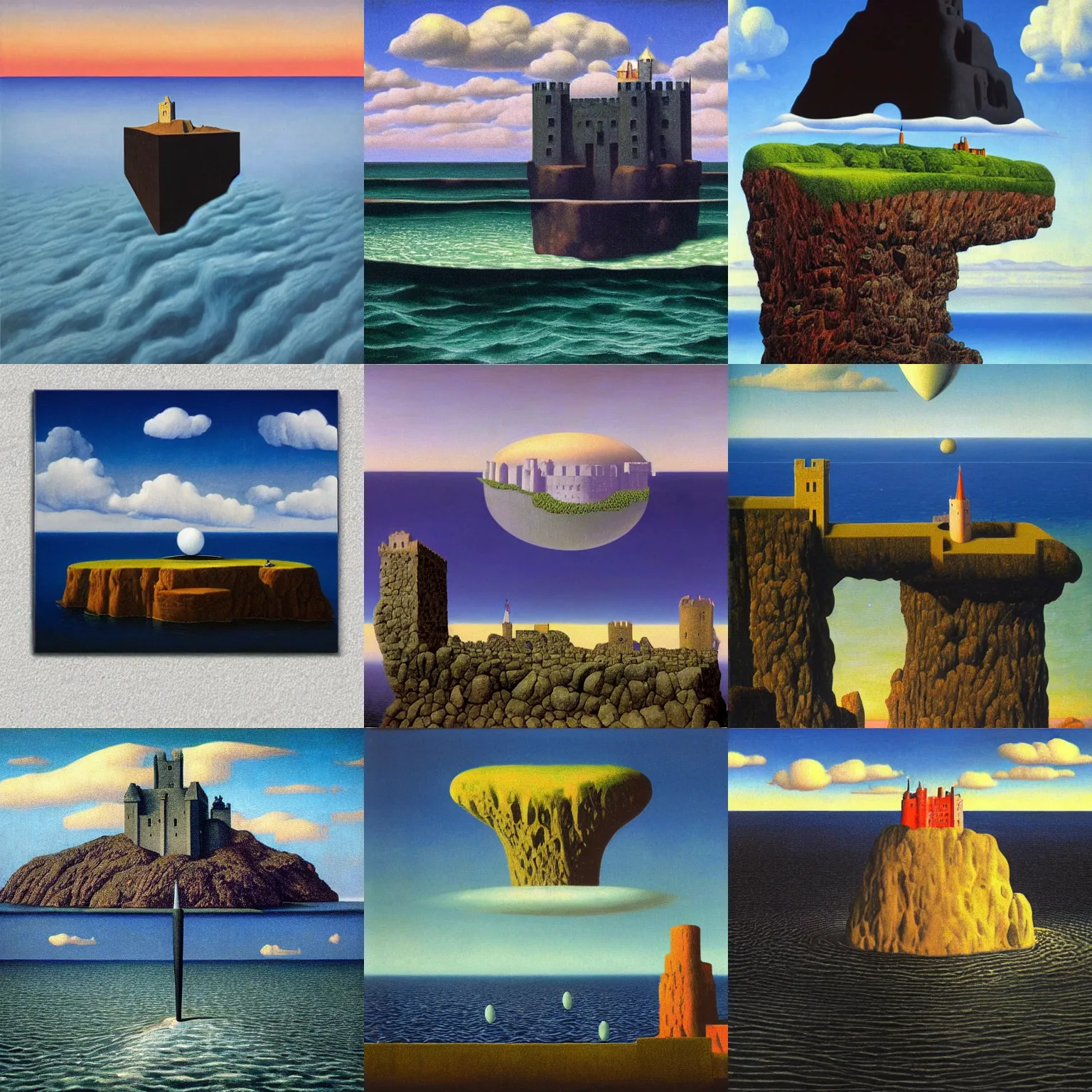 Prompt: a huge black rock floating over an ocean, a castle is located on top of the rock, surrealism, painted by rene magritte, symmetrical, aesthetic, epic, vivid colors, 4 k, oil painting, realistic
