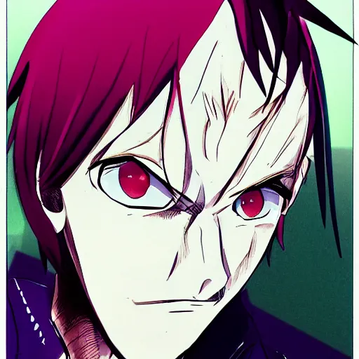 Image similar to Tall anime guy with blue eyes, blue hair wearing bordeaux shirt and white elegant jacket drawn in the style of Nanashi manga author