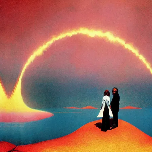 Image similar to a man on fire and a girl on ice, pink floyd album cover, 1 9 7 0's, by storm elvin thorgerson, moebius, craig mullins, beksinski, bruegel, greg rutkowski, alphonse mucha, and yoshitaka amano, colorful flat surreal design, hd, 8 k, artstation