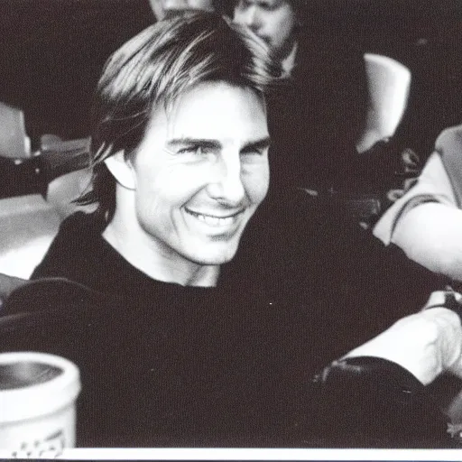 Prompt: Polaroid of Tom Cruise sitting in the cinema 1983