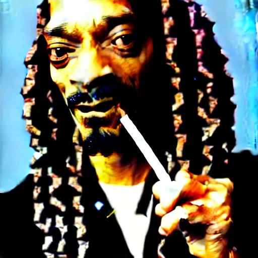 Image similar to Snoop Dog with big eyes eye color red , smiling and holding a joint in his hand