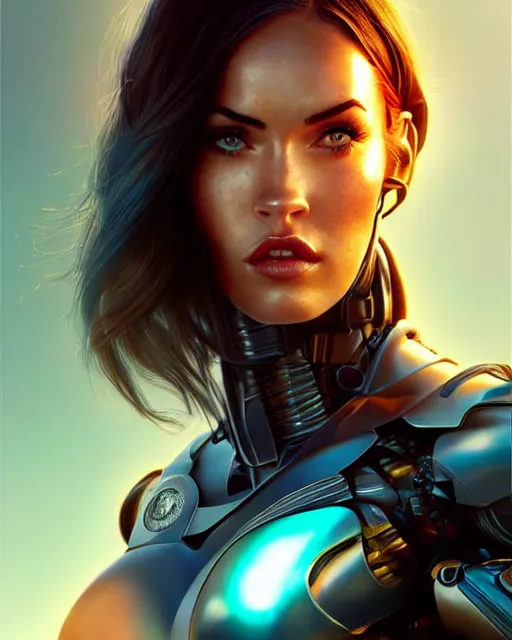 Image similar to weta disney pixar movie still portrait photo of megan fox as cyborg woman by pixar, by weta, wlop, ilya kuvshinov, rossdraws, artgerm, maxim cover, latex, sweaty, iridescent, bright morning, anime, liosh, mucha