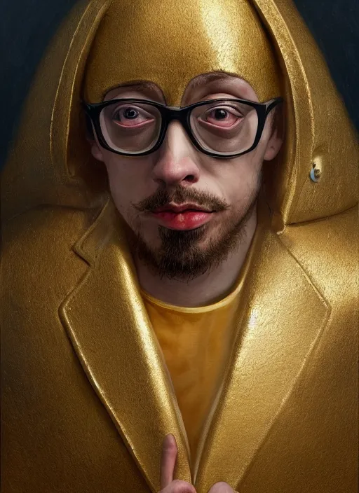 Image similar to Sam Hyde in gold suit, sigma male, accurately portrayed, portrait art by Hieronymus Bosch, highly detailed, digital painting, concept art, illustration, horror element, very detailed, smooth, sharp focus, octane render, close up