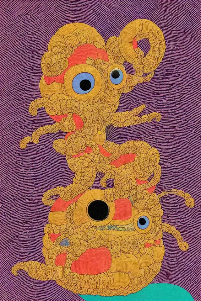 Image similar to an ukiyo - e painting of an intricate cute colorful fluffy dmt desert monster made out of burlap and coconut fiber, googly eyes, in colorful marker pen, by kokaris, naoto hattori, moebius and android jones