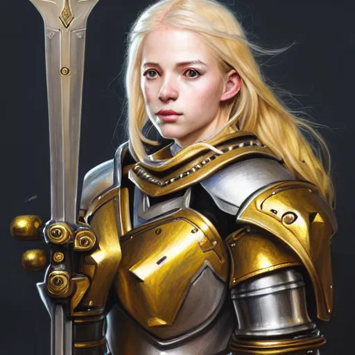 Image similar to Portrait of a girl with blonde hair wearing a heavy knight armor, Overwatch inspired, golden accents and armor by Donato Giancola, face, fantasy, intricate, elegant, highly detailed, digital painting, artstation, concept art, smooth, sharp focus, illustration, art by Wei Fan and Fernanda Suarez and Artem Demura and alphonse mucha