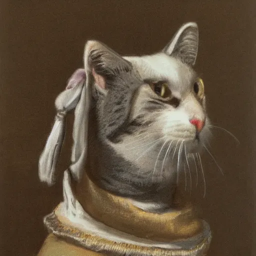 Prompt: a cat wearing a Pearl Earring by Johannes Vemeer,