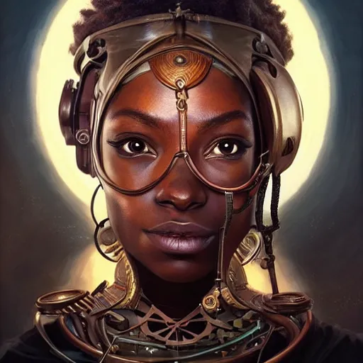 Prompt: african steampunk alchemist, science fiction, highly detailed, digital painting, beautiful eyes, symmetry, concept art, sharp focus, illustration, global illumination, radiant light, detailed and intricate environment, art by artgerm and greg rutkowski and magali villeneuve and ilya kuvshinov!