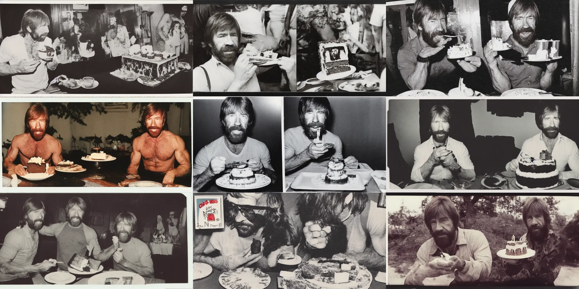 Prompt: a polaroid from 1971 of chuck norris eating cake.