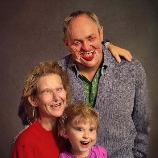 Image similar to family portrait studio of ugly family big rond eyes bad rotten teeth and smile, horrible scary family laughter by Douggy Pledger, grainy image