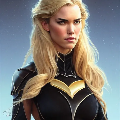 Image similar to Odette Annable with blonde hair as Bat Girl, western, D&D, fantasy, intricate, elegant, highly detailed, digital painting, artstation, concept art, matte, sharp focus, illustration, art by Artgerm and Greg Rutkowski and Alphonse Mucha