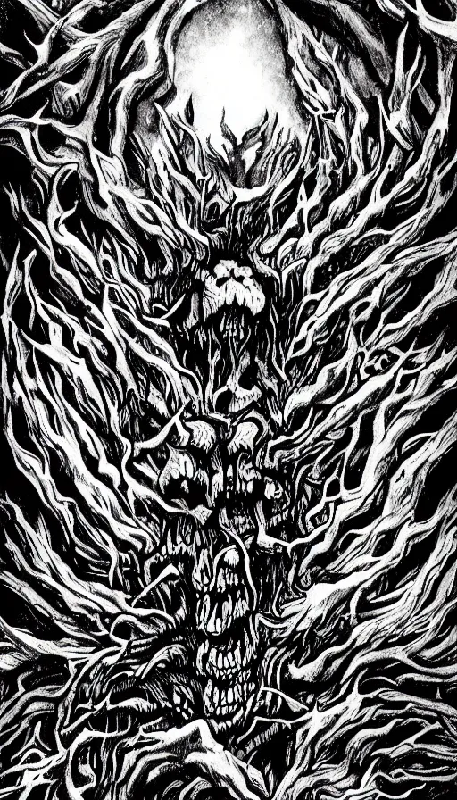 Prompt: a storm vortex made of many demonic eyes and teeth over a forest, by khara inc