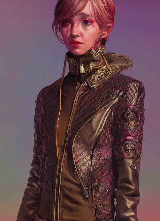 Image similar to skintight leather jacket : : by martine johanna and simon stalenhag and chie yoshii and casey weldon and wlop : : ornate, dynamic, particulate, rich colors, intricate, elegant, highly detailed, centered, artstation, smooth, sharp focus, octane render, 3 d