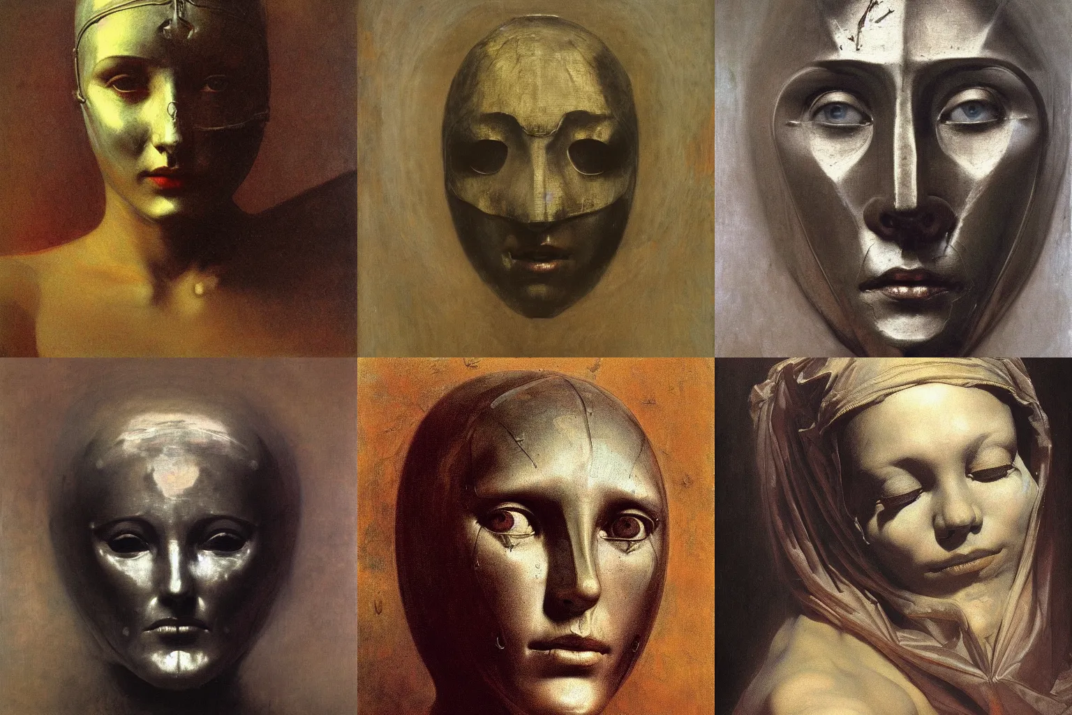 Prompt: The beautiful woman in steel full-face occult mask by Ilya Repin, William Blake, Michelangelo da Caravaggio and Beksinski, grisaille, highly detailed oil painting, 4k, masterpiece