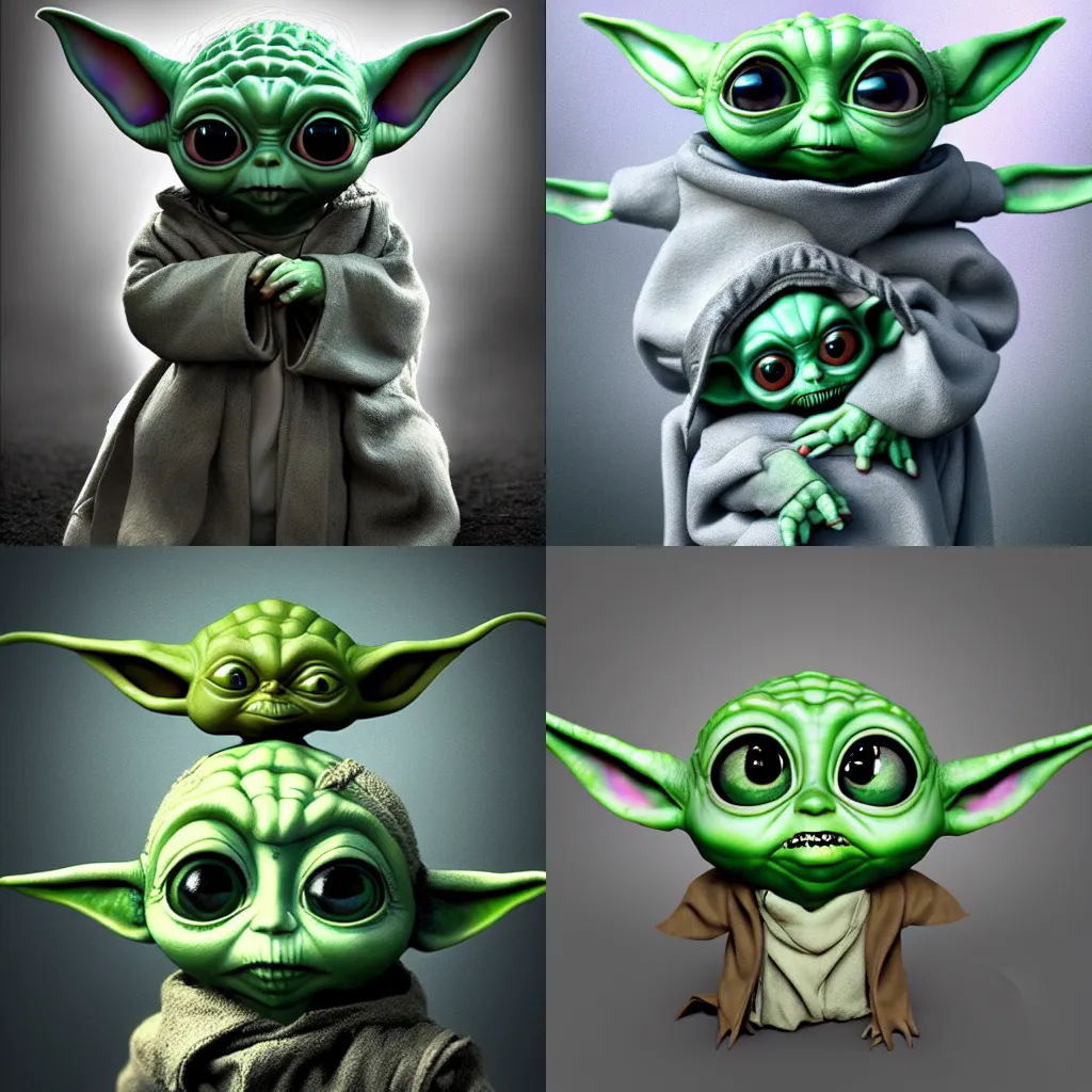 Prompt: Baby Yoda in style of Tim Burton, Tim Burton movie poster style, 35mm, bokeh, big eyes, creepy, zbrush, hyper realistic, Unreal Engine 5, Artstation
