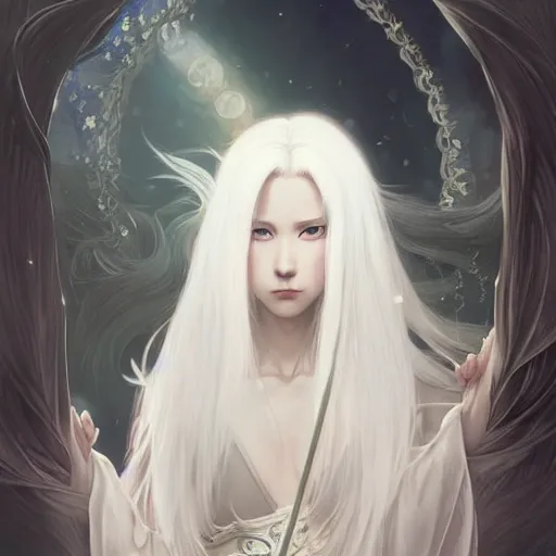 Prompt: Kaguya Ōtsutsuki from Naruto, long white hair, D&D, fantasy, intricate, elegant, highly detailed, digital painting, artstation, concept art, matte, sharp focus, illustration, art by Artgerm and Greg Rutkowski and Alphonse Mucha