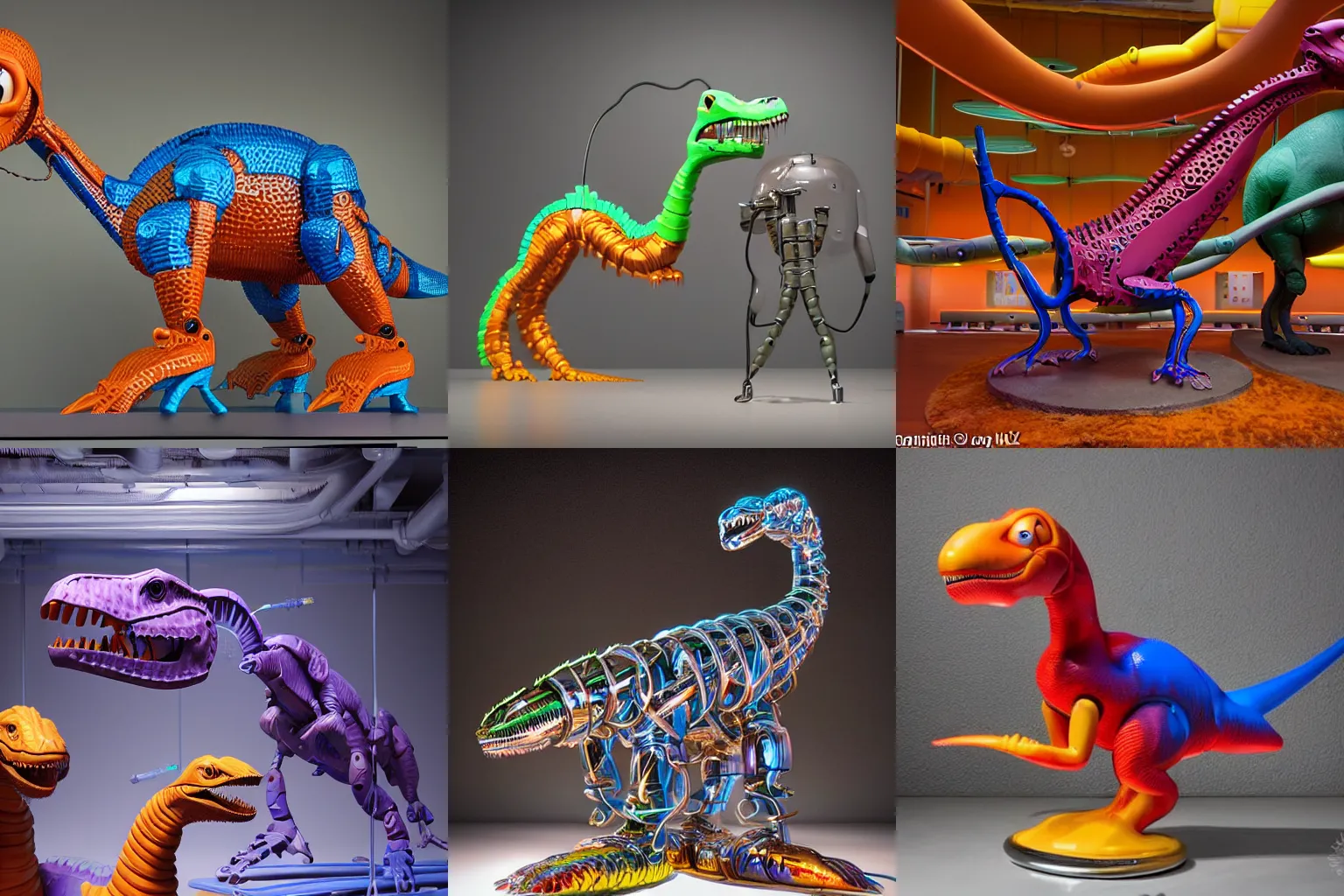 Prompt: A propaganda, plastic scales simple funny mechanic organic disney mechabot dinosaur toy characterdesign toy sculpture made from chrome cables, wires and tubes by moebius, by david lachapelle, by angus mckie, by rhads, by jeff koons, in an empty studio hollow, c4d