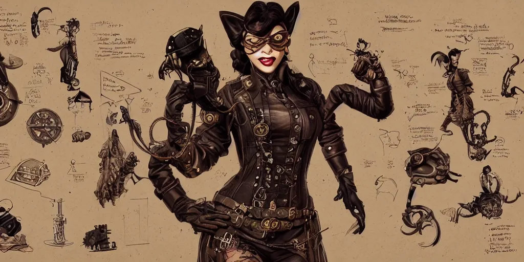 Image similar to steampunk catwoman, character sheet, concept design, contrast, kim jung gi, greg rutkowski, zabrocki, karlkka, jayison devadas, trending on artstation, 8 k, ultra wide angle, pincushion lens effect