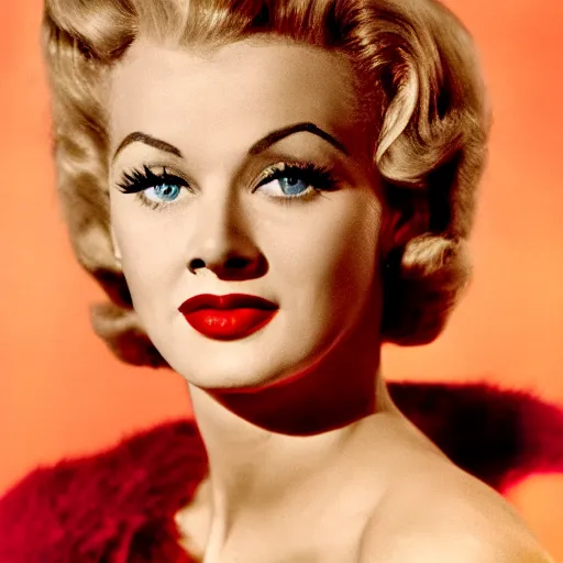 Image similar to a color portrait photography of a 1950s hollywood actress, actress, blonde, vivacious, demur, cinematic, hq, detailed