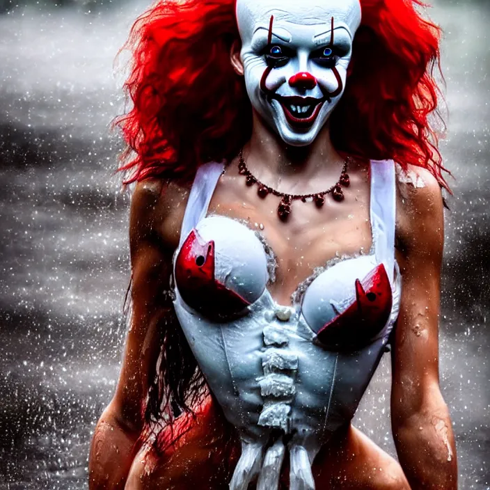 Image similar to fully body pose, photo of a very beautiful!! victoria secret model, pennywise, wet hair, raining, 8 k, hdr, smooth, sharp focus, high resolution, award - winning photo, trending on artstation, dslr, 5 0 mm