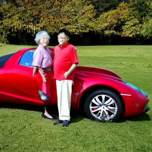 Image similar to 0 8 s photo of elder couple, pose like the super models in the paddle field with red super car,