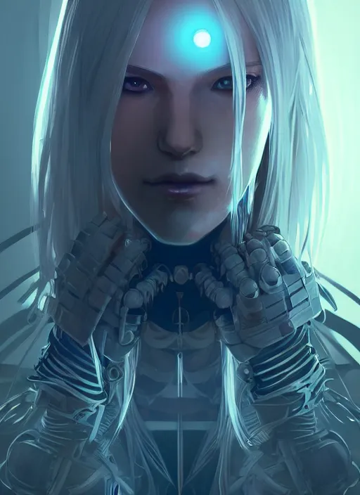 Image similar to symmetry portrait of a 2 from nier automata, sci - fi, tech wear, glowing lights intricate, elegant, highly detailed, digital painting, artstation, concept art, smooth, sharp focus, illustration, art by artgerm and greg rutkowski and alphonse mucha