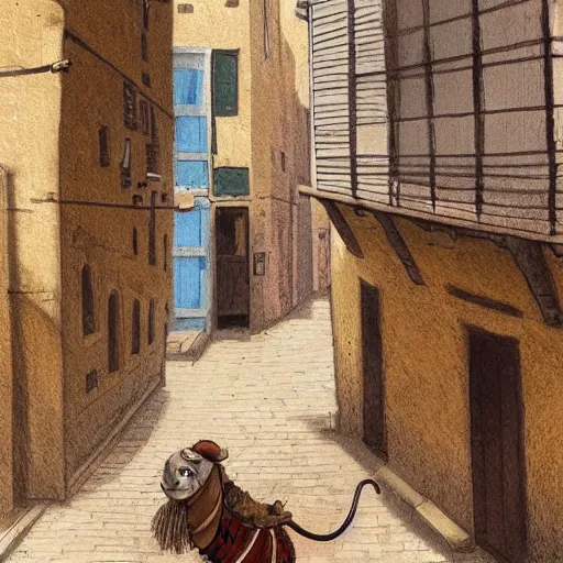 Prompt: A cute mouse riding a camel through a narrow street London, UK, 1885, digital art, trending on Artstation