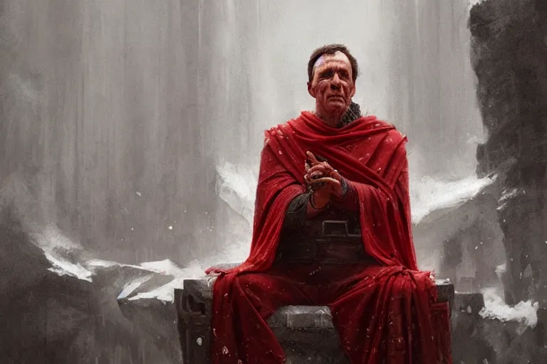 Image similar to the end is near. a tired julius caesar is sitting on his throne. face is highly detailed. splices of red are running down his toga. mist. color scheme red. low angle medium shot. imagined by greg rutkowski and jeremy lipking