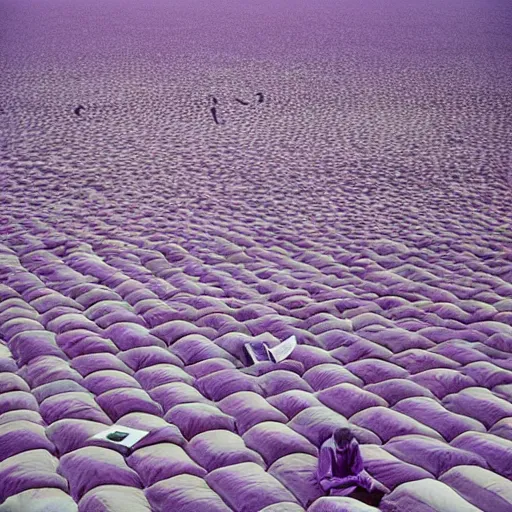 Prompt: a realitic photo of a thousand beds on the beach by Storm Thorgerson, purple color scheme