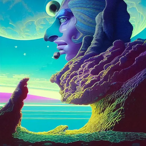 Image similar to colourful breathtakingly weird beautiful powerful magical wonderfully majestic beautifully cool character by michael whelan and moebius and beeple and kilian eng and dan mcpharlin and pascal blanche and jamie hewlett and richard dadd, symmetrical, magical stormy reflections, smoke on water, 8 k artstation