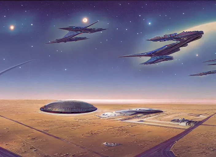 Prompt: spaceport, matte painting, peter elson