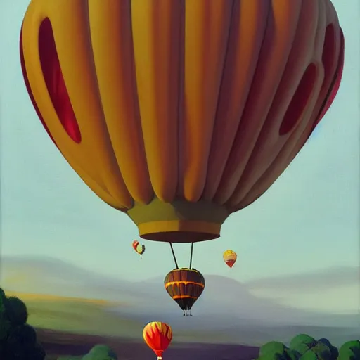 Prompt: Giant wooden balloons fly through the air, as a tornado approaches, by Takashi Murakami, Edward Hopper, Bo Bartlett, and Cynthia Sheppard, Artstation