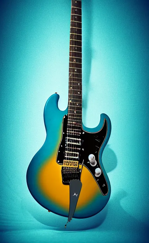 Image similar to award winning photograph of an electric guitar shaped as a bird of paradise, teal colors, 3 d hyperrealistic 8 k image style, detailed render, stunning studio photograph with dramatic lighting, depth of field