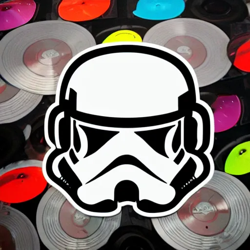 Prompt: svg sticker of a Pop-Wonder Storm-Trooper-Mandolorian-Helmet-Head-Hero-Villain at a rave, spinning records, giant headphones rocking out, wearing headphones, huge speakers, dancing, rave, DJ, spinning records, digital art, amazing composition, rule-of-thirds, award-winning, trending on artstation, featured on deviantart