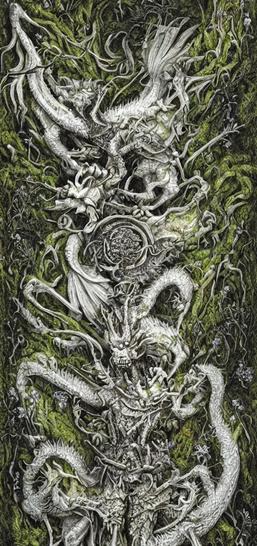 Prompt: white dragon skeleton covered in moss and flowers, intricate details, hyperrealistic, HR Giger