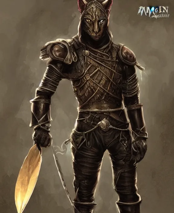 Image similar to humanoid male khajiit rogue, wearing leather armor, magic the gathering, fantasy