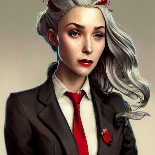 Image similar to a girl wearing a business suit, grey hair, red necktie, cinematic, stunning, highly detailed, digital painting, artstation, smooth, hard focus, illustration, art by artgerm and greg rutkowski and alphonse mucha