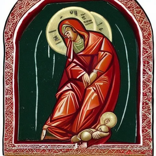 Image similar to “The Virgin Mary kicking Baby jesus like a football Orthodox Iconography”