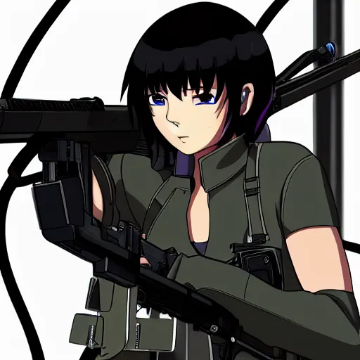 Prompt: Anime Major motoko kusanagi in all black uniform wielding a rifle, digital art