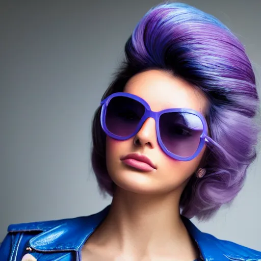 Image similar to closeup painting of a very beautiful young mexican woman with light blue shutter shades, one side haircut, long brown hair with light blue ends, purple leather jacket